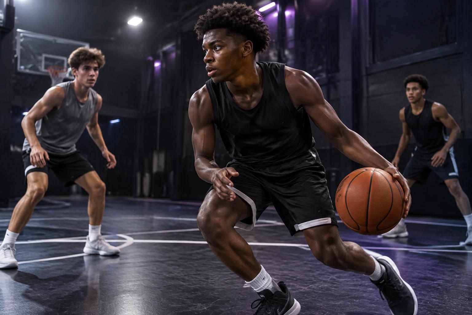 Basketball players putting in the work on an indoor court