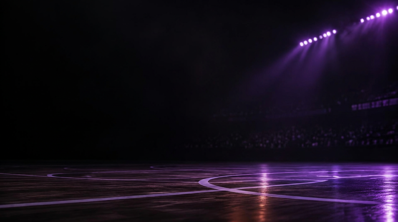 Purple-lit Hustle basketball court